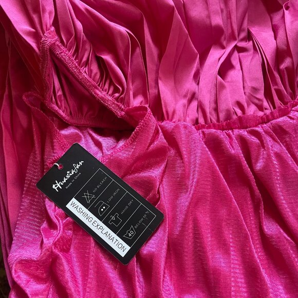 Hot Pink Women's Off Shoulder Pleated Maxi Dress - Fuchsia Flowy Boho Chic L - Picture 9 of 9